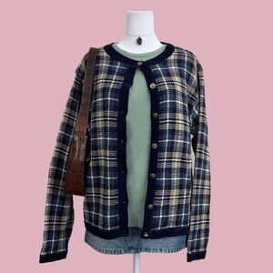 navy blue and beige plaid vintage 90s preppy academia old money cardigan sweater